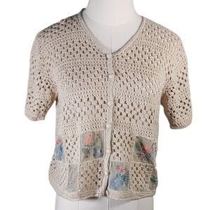 Vintage Teddi Crochet Cardigan S Posie Pockets Mesh Embroidered Cottage Country